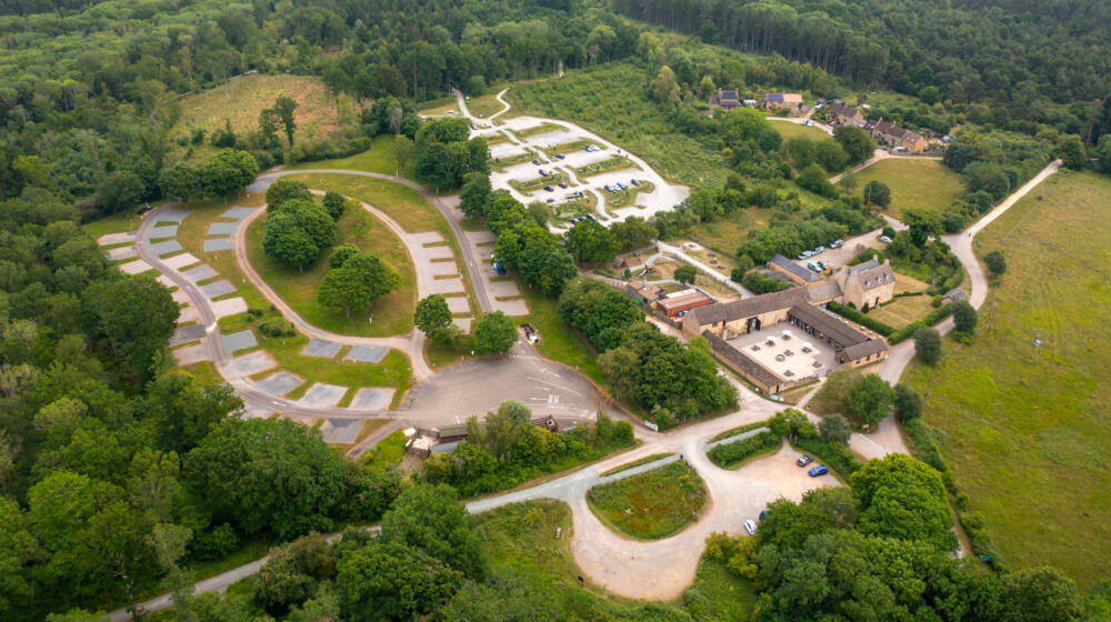 An aerial view of the campsite at Fineshade Wood